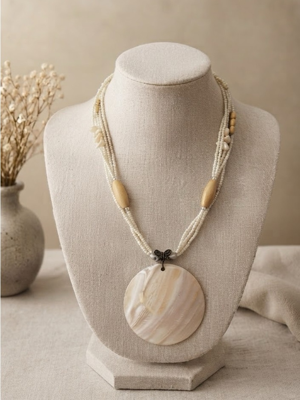 Vintage Bohemian Chunky Mother-of-Pearl Statement Necklace